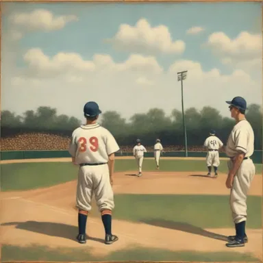 The painting depicted a baseball game with the players standing on the foul line.