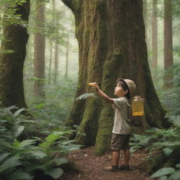 A child adventurously searching for honey in a dense forest, filled with lush greenery and towering trees, with a small jar in his hand.