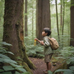 A child adventurously searching for honey in a dense forest, filled with lush greenery and towering trees, with a small jar in his hand.