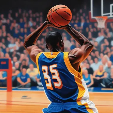 The artist painted a detailed portrait of a basketball player shooting from the foul line.