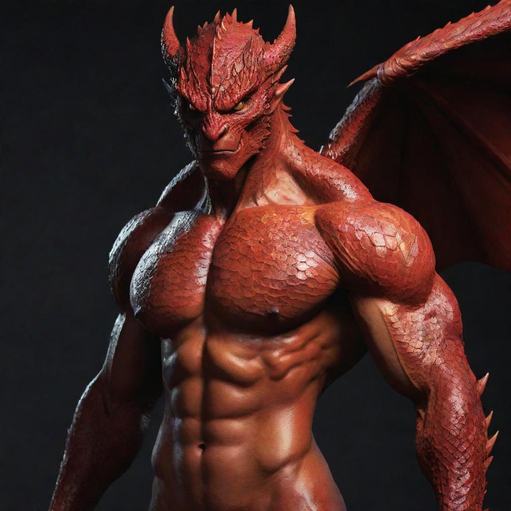 Refine the image of the handsome dragon-man hybrid, highlighting the presence of red fiery scales subtly present on certain parts of his muscular body, which add to the mystique of his hybrid form.