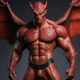 Refine the image of the handsome dragon-man hybrid, highlighting the presence of red fiery scales subtly present on certain parts of his muscular body, which add to the mystique of his hybrid form.