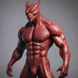 Reimagine the hybrid's image, carefully blending in radiant red scales on selective parts of his muscular physique, providing a subtle yet significant hint to his dragon heritage without overtaking the human aspects of his appearance.