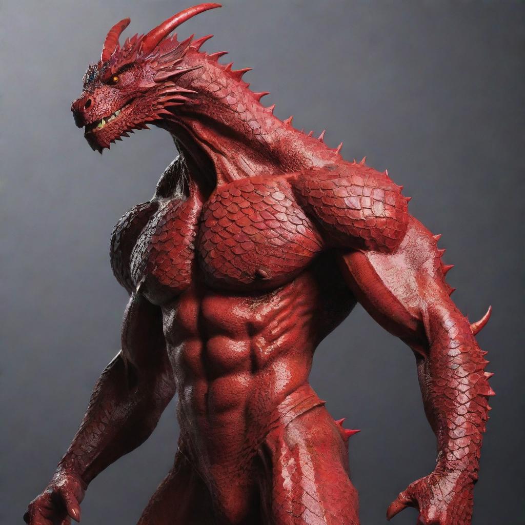 Reimagine the hybrid's image, carefully blending in radiant red scales on selective parts of his muscular physique, providing a subtle yet significant hint to his dragon heritage without overtaking the human aspects of his appearance.