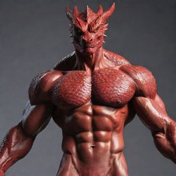 Reimagine the hybrid's image, carefully blending in radiant red scales on selective parts of his muscular physique, providing a subtle yet significant hint to his dragon heritage without overtaking the human aspects of his appearance.