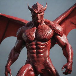 Reimagine the hybrid's image, carefully blending in radiant red scales on selective parts of his muscular physique, providing a subtle yet significant hint to his dragon heritage without overtaking the human aspects of his appearance.