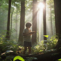 A teenage child foraging for honey in a dense forest, with a ray of sunlight seeping through the foliage.