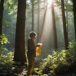 A teenage child foraging for honey in a dense forest, with a ray of sunlight seeping through the foliage.