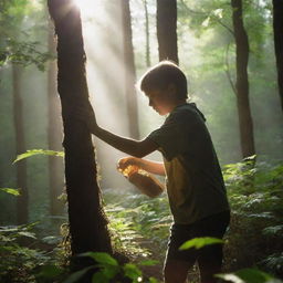 A teenage child foraging for honey in a dense forest, with a ray of sunlight seeping through the foliage.