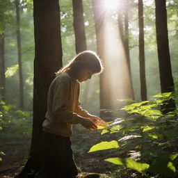 A teenage child foraging for honey in a dense forest, with a ray of sunlight seeping through the foliage.