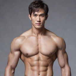 Alter the image of the handsome dragon-human hybrid, toning down the scale detail to appear as a subtle skin texture while enhancing definition of his muscular human physique and emphasising his striking Korean facial features.