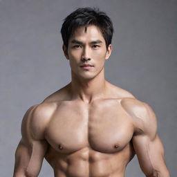 Alter the image of the handsome dragon-human hybrid, toning down the scale detail to appear as a subtle skin texture while enhancing definition of his muscular human physique and emphasising his striking Korean facial features.