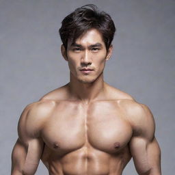 Alter the image of the handsome dragon-human hybrid, toning down the scale detail to appear as a subtle skin texture while enhancing definition of his muscular human physique and emphasising his striking Korean facial features.