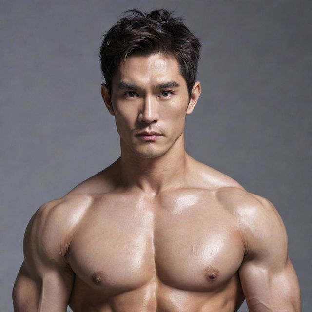 Alter the image of the handsome dragon-human hybrid, toning down the scale detail to appear as a subtle skin texture while enhancing definition of his muscular human physique and emphasising his striking Korean facial features.