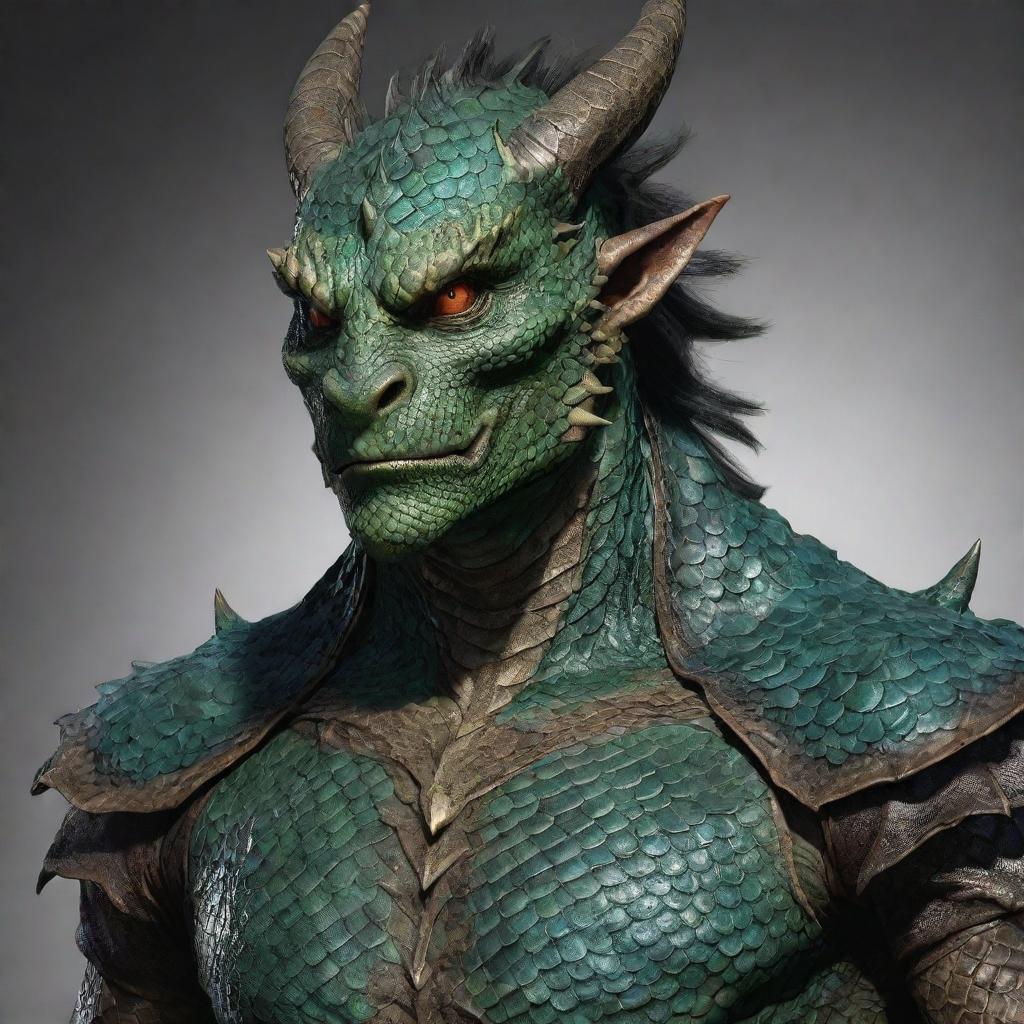 Revise the image of the dragon-man hybrid, emphasizing his human resemblance. Make sure the dragon scales appear as a unique skin texture, subtly reflecting his dragon heritage while not overshadowing his distinctive human features.