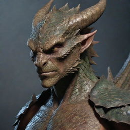 Revise the image of the dragon-man hybrid, emphasizing his human resemblance. Make sure the dragon scales appear as a unique skin texture, subtly reflecting his dragon heritage while not overshadowing his distinctive human features.