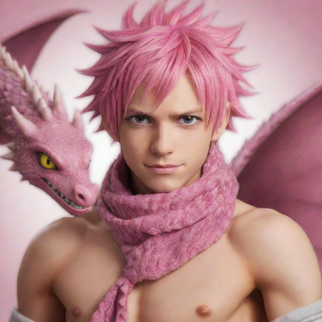 Merge elements of Natsu Dragneel from Fairy Tail with the handsome dragon-human hybrid. Incorporate Natsu's spiky pink hair, scarf, and expressive eyes while maintaining the human-like body with subtle dragon scales.