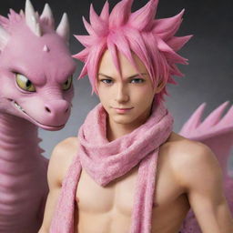 Merge elements of Natsu Dragneel from Fairy Tail with the handsome dragon-human hybrid. Incorporate Natsu's spiky pink hair, scarf, and expressive eyes while maintaining the human-like body with subtle dragon scales.