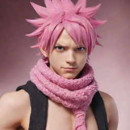 Merge elements of Natsu Dragneel from Fairy Tail with the handsome dragon-human hybrid. Incorporate Natsu's spiky pink hair, scarf, and expressive eyes while maintaining the human-like body with subtle dragon scales.