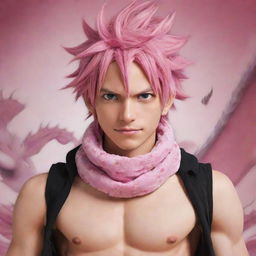 Merge elements of Natsu Dragneel from Fairy Tail with the handsome dragon-human hybrid. Incorporate Natsu's spiky pink hair, scarf, and expressive eyes while maintaining the human-like body with subtle dragon scales.