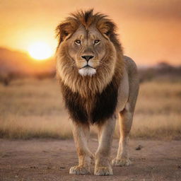 A fierce and majestic lion standing in the savannah against a setting sun