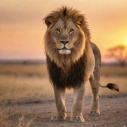 A fierce and majestic lion standing in the savannah against a setting sun
