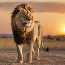 A fierce and majestic lion standing in the savannah against a setting sun