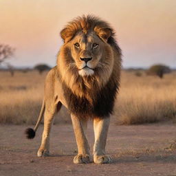 A fierce and majestic lion standing in the savannah against a setting sun