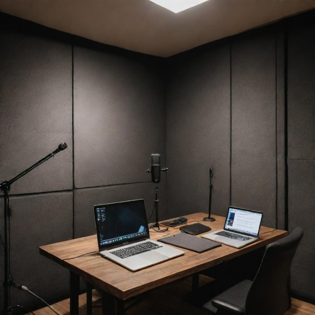 A professionally set up podcast studio with high-end microphones, soundproofing foam, a modern laptop running podcast software, and comfortable seating under soft, warm lighting.