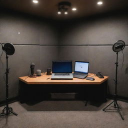 A professionally set up podcast studio with high-end microphones, soundproofing foam, a modern laptop running podcast software, and comfortable seating under soft, warm lighting.