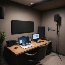 A professionally set up podcast studio with high-end microphones, soundproofing foam, a modern laptop running podcast software, and comfortable seating under soft, warm lighting.