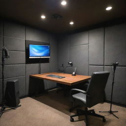 A professionally set up podcast studio with high-end microphones, soundproofing foam, a modern laptop running podcast software, and comfortable seating under soft, warm lighting.