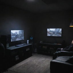 A dark garage at night, featuring two developer desks, a 55 inch television displaying PlayStation 5's Rainbow 6 Siege, with a child intently playing on a nearby sofa.