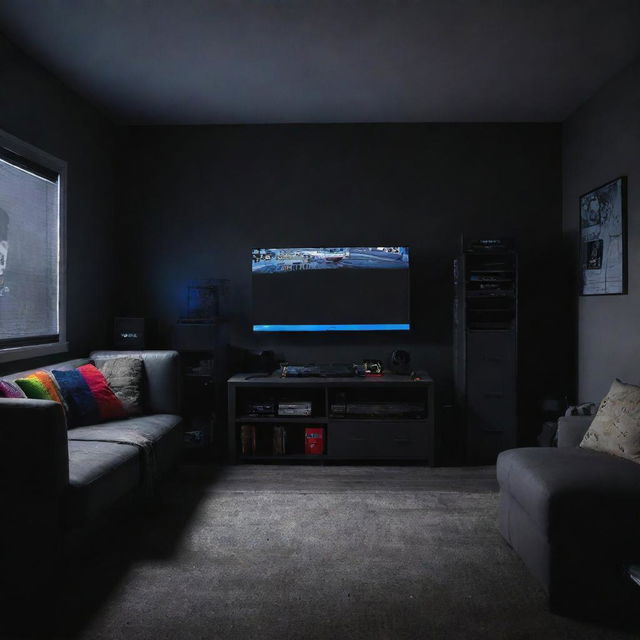 A dark garage at night, featuring two developer desks, a 55 inch television displaying PlayStation 5's Rainbow 6 Siege, with a child intently playing on a nearby sofa.