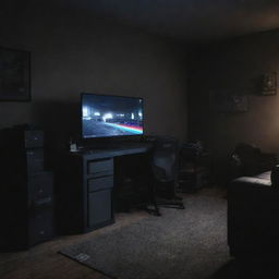 A dark garage at night, featuring two developer desks, a 55 inch television displaying PlayStation 5's Rainbow 6 Siege, with a child intently playing on a nearby sofa.