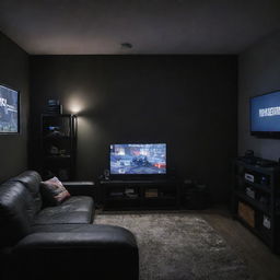 A dark garage at night, featuring two developer desks, a 55 inch television displaying PlayStation 5's Rainbow 6 Siege, with a child intently playing on a nearby sofa.