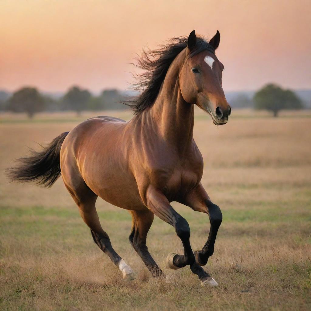 A powerful, graceful horse galloping freely across a wide-open field at sunset. The horse's muscles ripple with energy as it moves in harmonic unison with nature