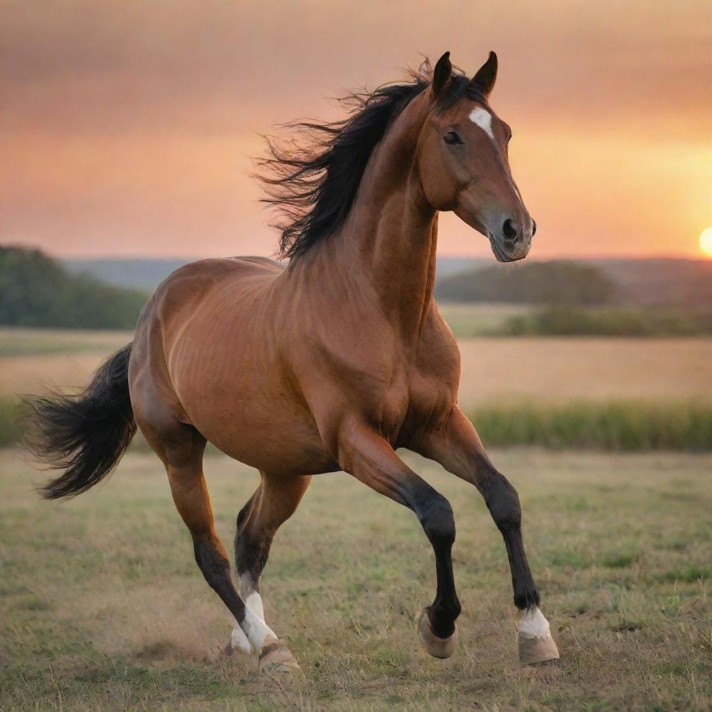 A powerful, graceful horse galloping freely across a wide-open field at sunset. The horse's muscles ripple with energy as it moves in harmonic unison with nature