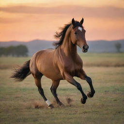 A powerful, graceful horse galloping freely across a wide-open field at sunset. The horse's muscles ripple with energy as it moves in harmonic unison with nature