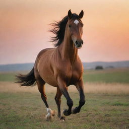 A powerful, graceful horse galloping freely across a wide-open field at sunset. The horse's muscles ripple with energy as it moves in harmonic unison with nature