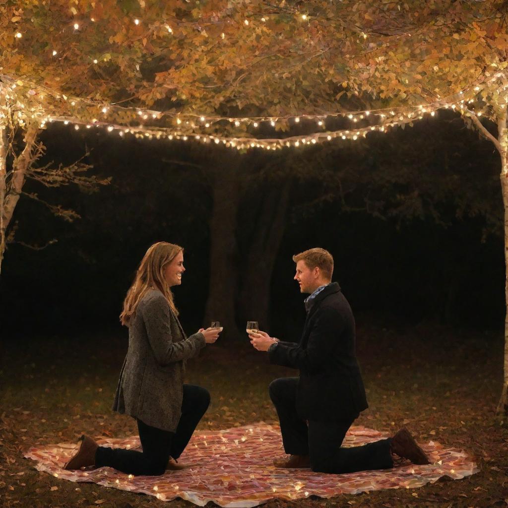 Alex plans a surprise romantic dinner for Emily under a canopied autumn leaves, bathed in the glow of fairy lights. Transition to a heartfelt proposal with Alex on one knee while expressing his commitment to Emily and their unborn child.