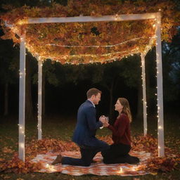 Alex plans a surprise romantic dinner for Emily under a canopied autumn leaves, bathed in the glow of fairy lights. Transition to a heartfelt proposal with Alex on one knee while expressing his commitment to Emily and their unborn child.