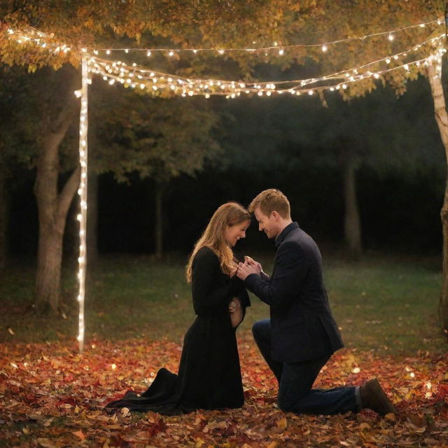 Alex plans a surprise romantic dinner for Emily under a canopied autumn leaves, bathed in the glow of fairy lights. Transition to a heartfelt proposal with Alex on one knee while expressing his commitment to Emily and their unborn child.