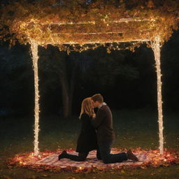 Alex plans a surprise romantic dinner for Emily under a canopied autumn leaves, bathed in the glow of fairy lights. Transition to a heartfelt proposal with Alex on one knee while expressing his commitment to Emily and their unborn child.