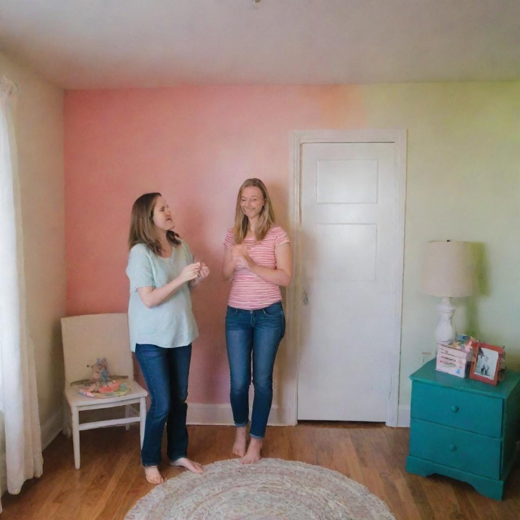 A time-lapse showing Alex and Emily decorating the nursery, picking out furniture, and painting walls with vibrant colors. Intermittent moments of them discussing baby names and envisioning their future. The scene transitions to a joyous baby shower celebration.