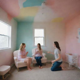 A time-lapse showing Alex and Emily decorating the nursery, picking out furniture, and painting walls with vibrant colors. Intermittent moments of them discussing baby names and envisioning their future. The scene transitions to a joyous baby shower celebration.