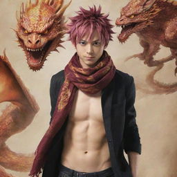 Alter the merged image of Natsu Dragneel and the dragon-human hybrid, so that the scarf Natsu is wearing appears to have a unique scale-like texture, adding to the dragon-inspired theme of his appearance.