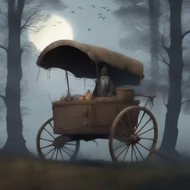 Underneath the full moon, a mysterious pedlar emerged from the misty woods, his eerie cart filled with cursed talismans and oddities.