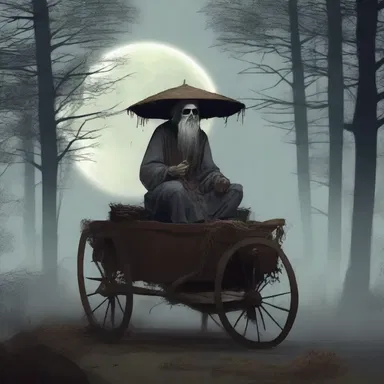 Underneath the full moon, a mysterious pedlar emerged from the misty woods, his eerie cart filled with cursed talismans and oddities.