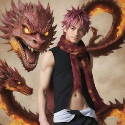 Alter the merged image of Natsu Dragneel and the dragon-human hybrid, so that the scarf Natsu is wearing appears to have a unique scale-like texture, adding to the dragon-inspired theme of his appearance.